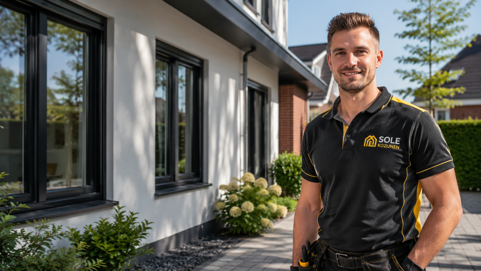 SOLE Kozijnen monteur plaatst kunststof kozijn bij moderne woning